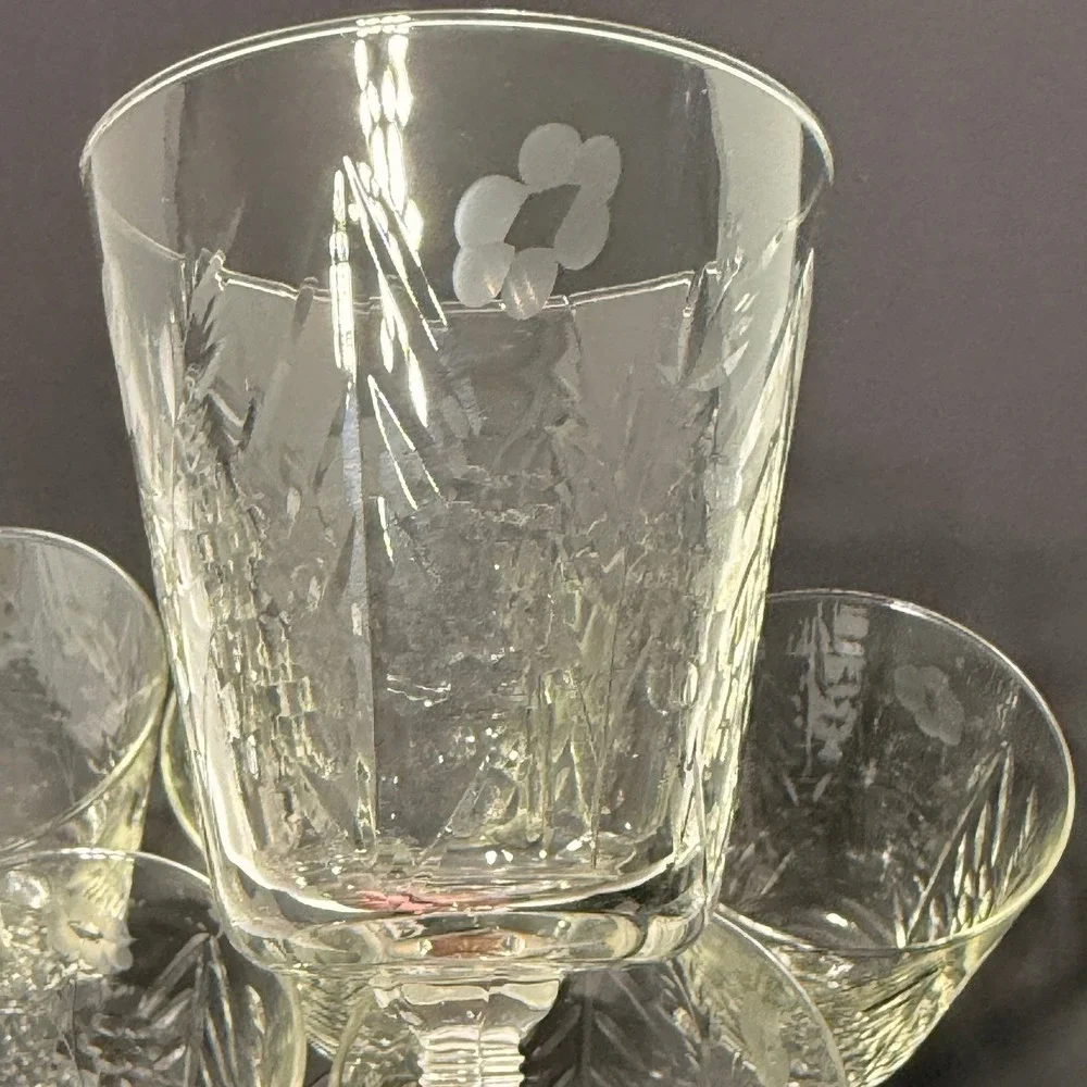 Vintage Libbey Rock Sharpe Crystal Wine Glass Water Goblet Set 6 Etched Floral